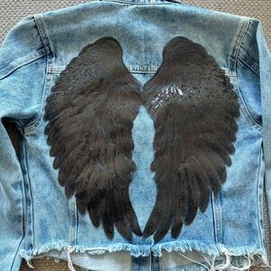 NWT Cropped Distressed Blue Jeans Jacket w/ Sequined Angel Wings, Size S